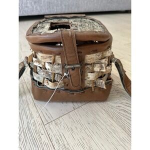 Vintage Rustic Woven Birch Bark Fishing Creel Basket with Leather Trim Strap